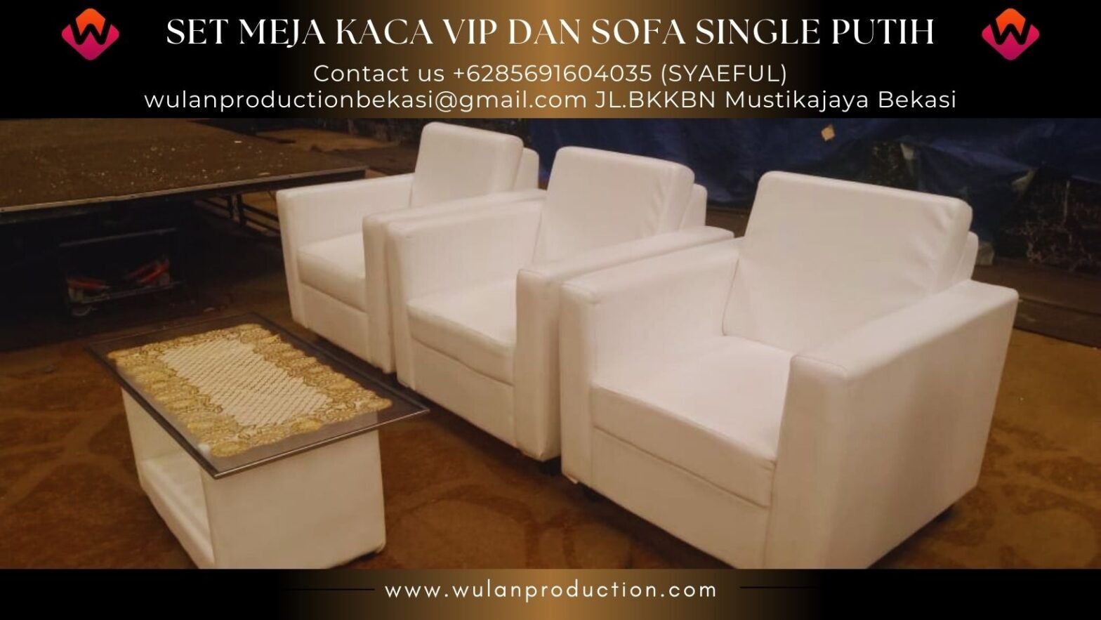 Sewa Meja Vip Kaca set Sofa Single Putih