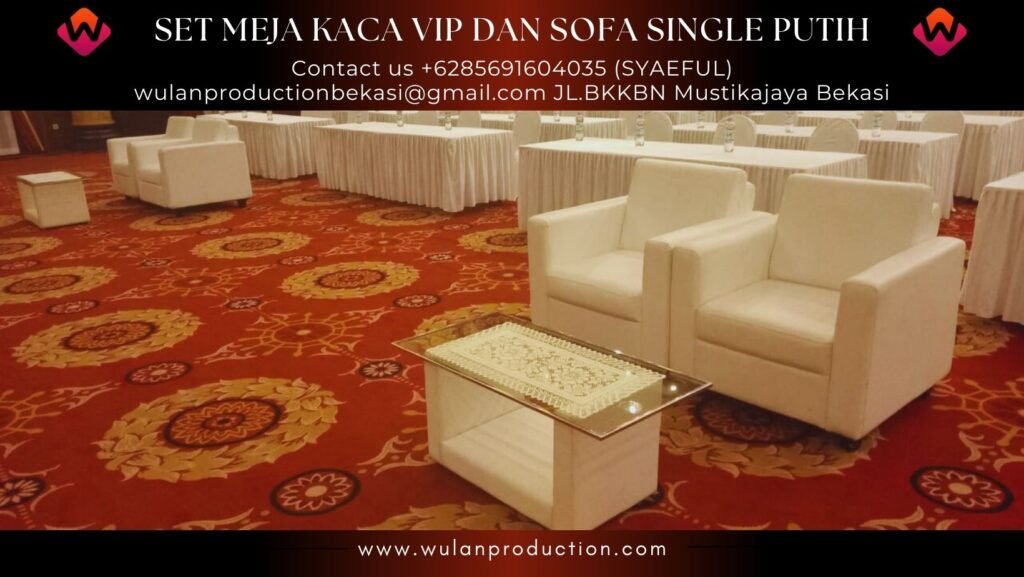 Sewa Meja Vip Kaca set Sofa Single Seater Putih Jakarta