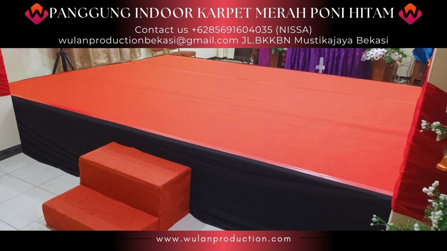 Sewa Panggung Indoor Karpet Merah Poni Hitam Area Bogor