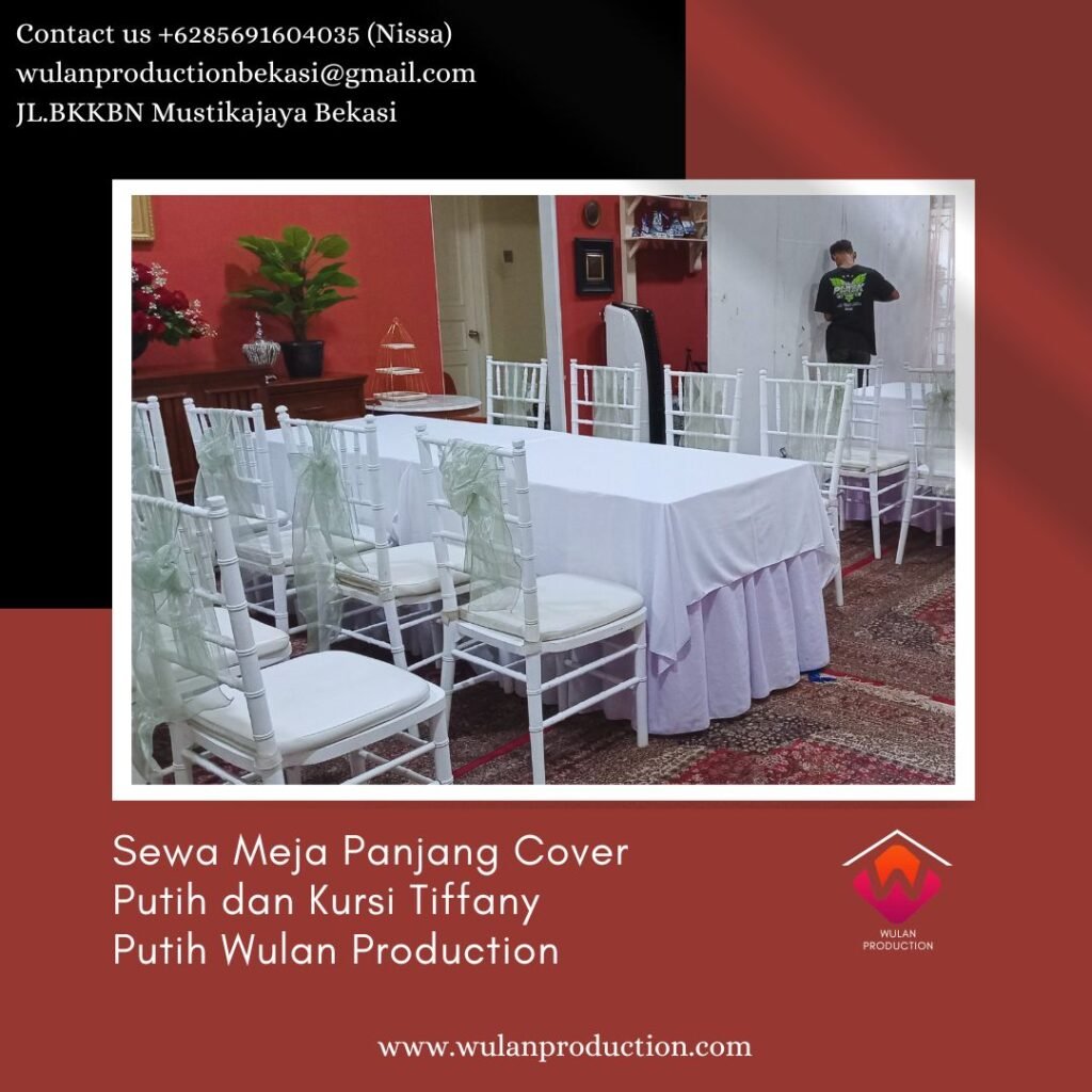 Sewa Meja Panjang Cover Putih dan Kursi Tiffany Putih di Bogor