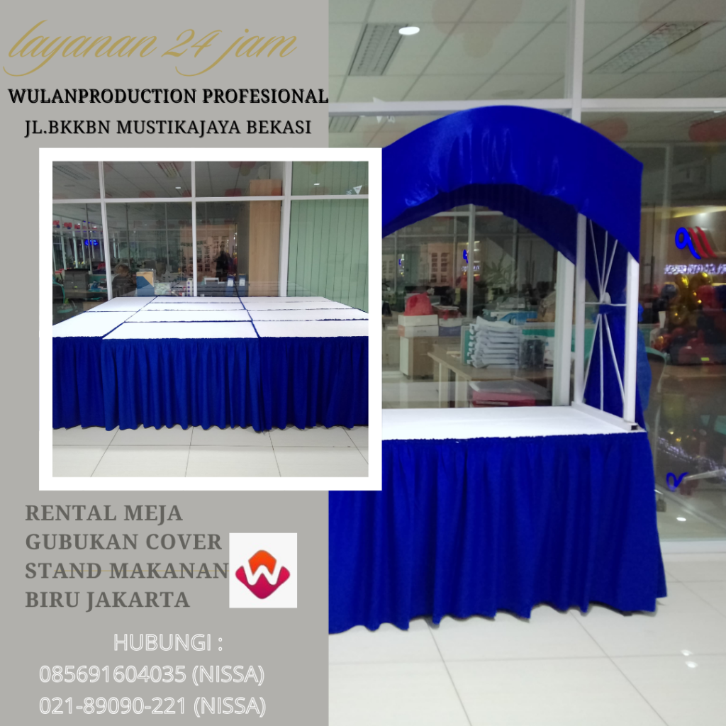Rental Meja Gubukan Cover Stand Makanan Biru Jakarta