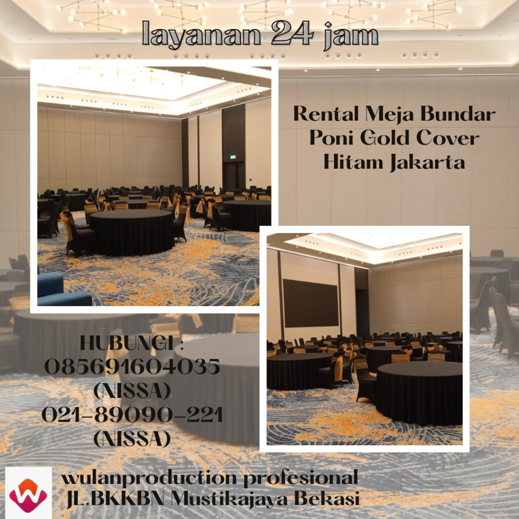 Rental Meja Bundar Poni Gold Cover Hitam Jakarta