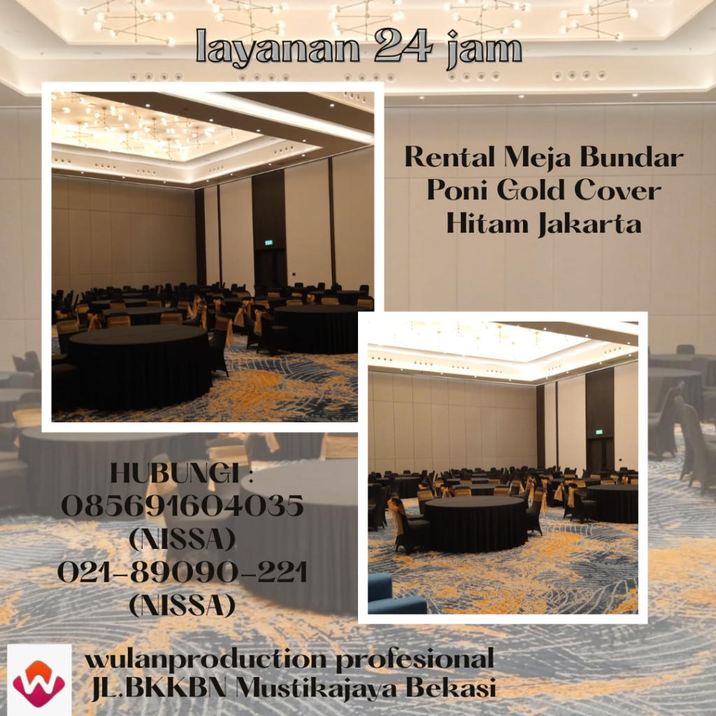 Rental Meja Bundar Poni Gold Cover Hitam Jakarta