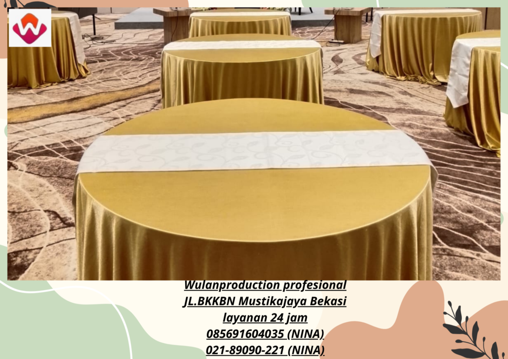 Sewa ROUND TABLE Taplak gold KURSI cover Putih Event PTIK