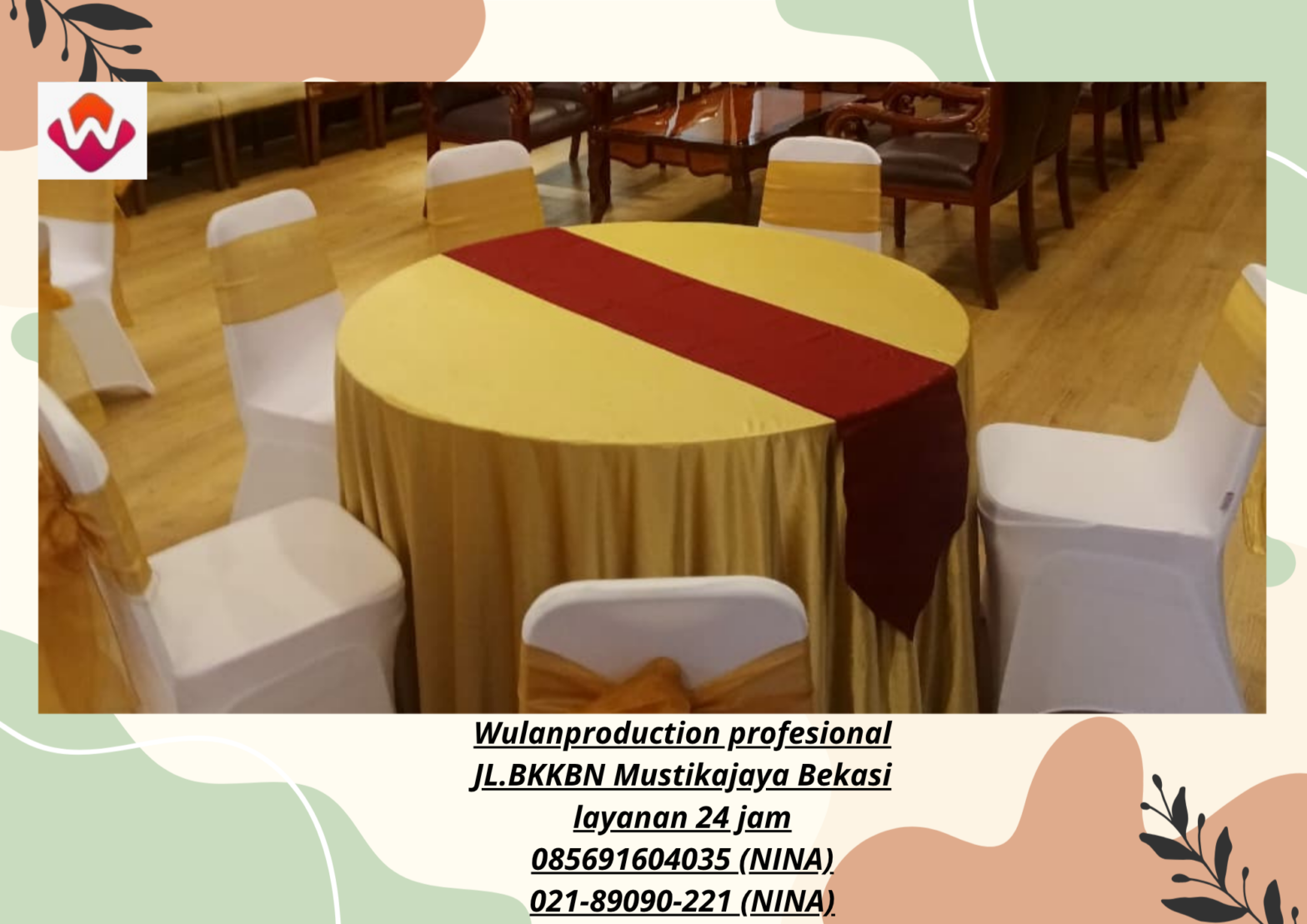Sewa ROUND TABLE Taplak gold KURSI cover Putih Event PTIK
