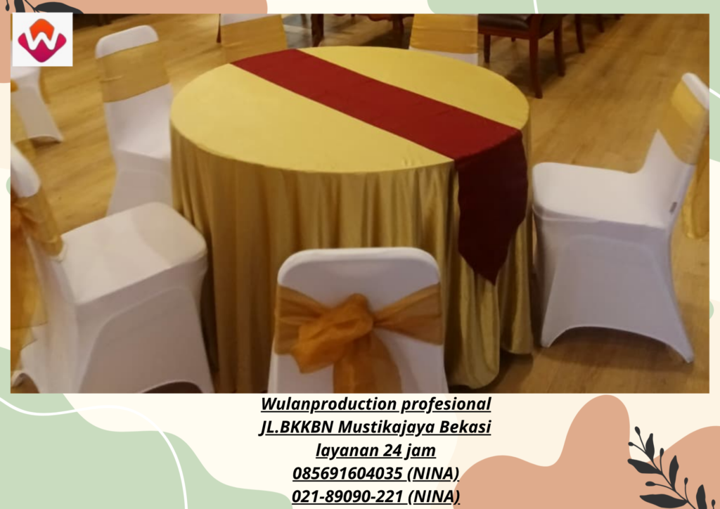 Sewa ROUND TABLE Taplak gold KURSI cover Putih Event PTIK