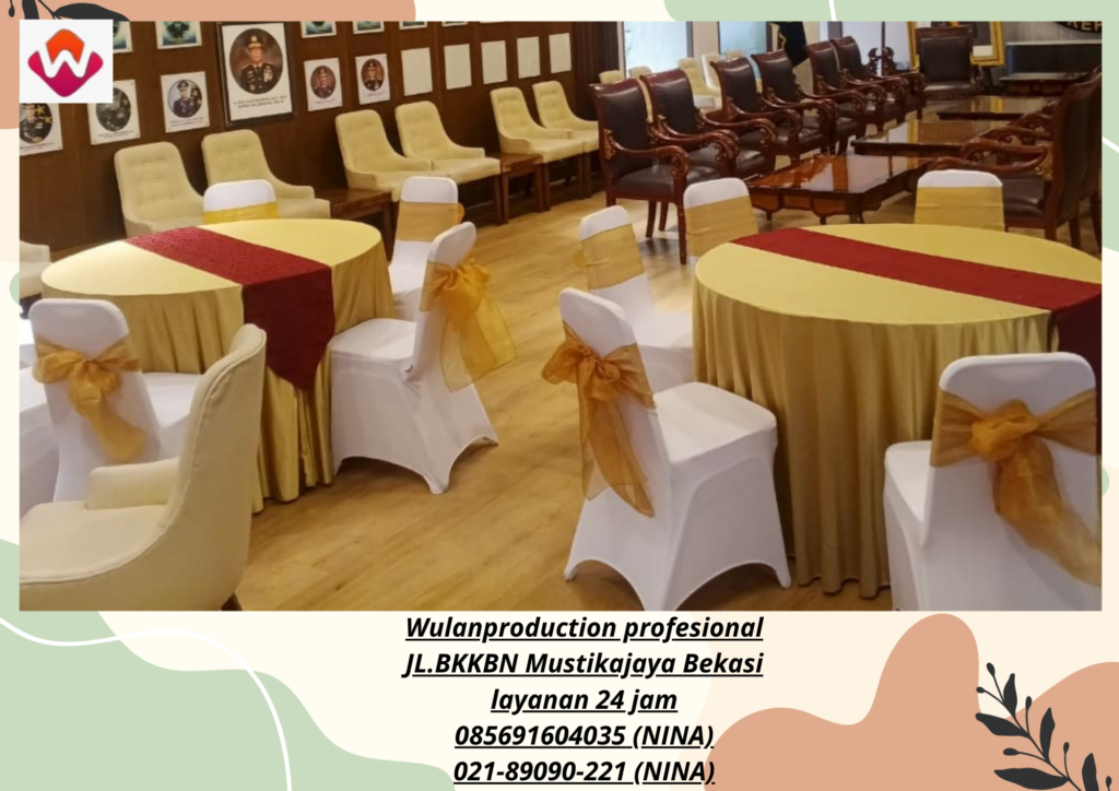 Sewa ROUND TABLE Taplak gold KURSI cover Putih Event PTIK