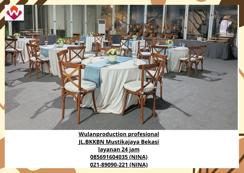 Sewa CROSS BACK CHAIR dan ROUND TABLE Taplak Putih Jakarta