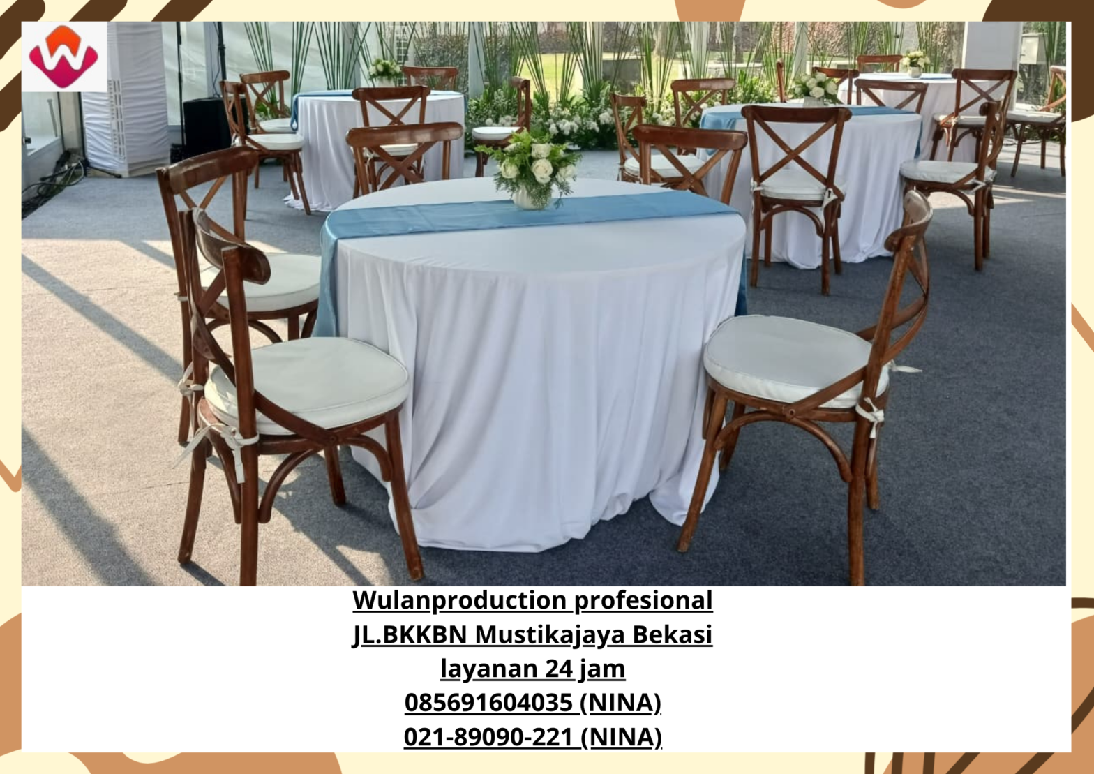Sewa CROSS BACK CHAIR dan ROUND TABLE Taplak Putih Jakarta